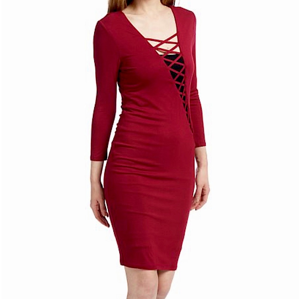 Burgundy Long Sleeve Asymmetrical Laser Cut Out Bodycon Dress